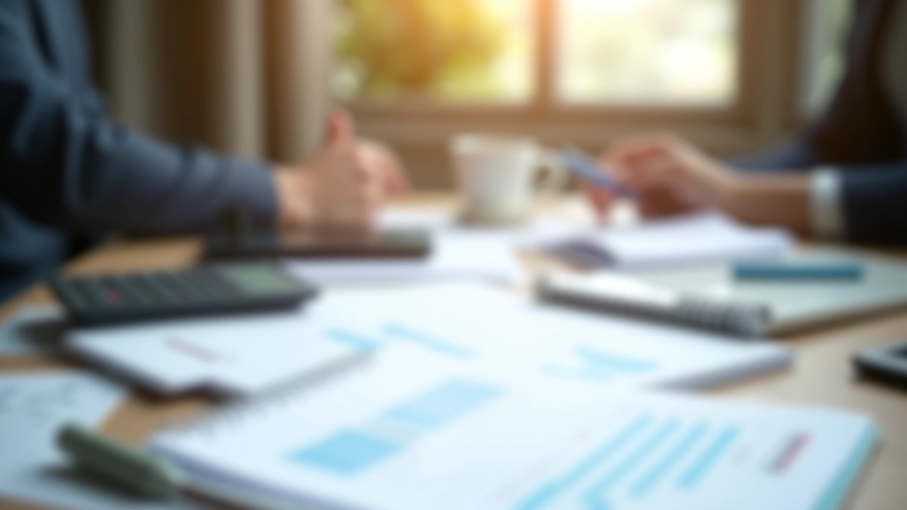 Desk with financial documents, calculator, and ledger notebook showing fund accounting entries