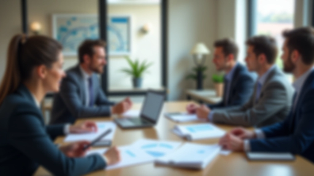 Team meeting discussing financial implementation strategy with laptop, documents, and planning materials on conference table